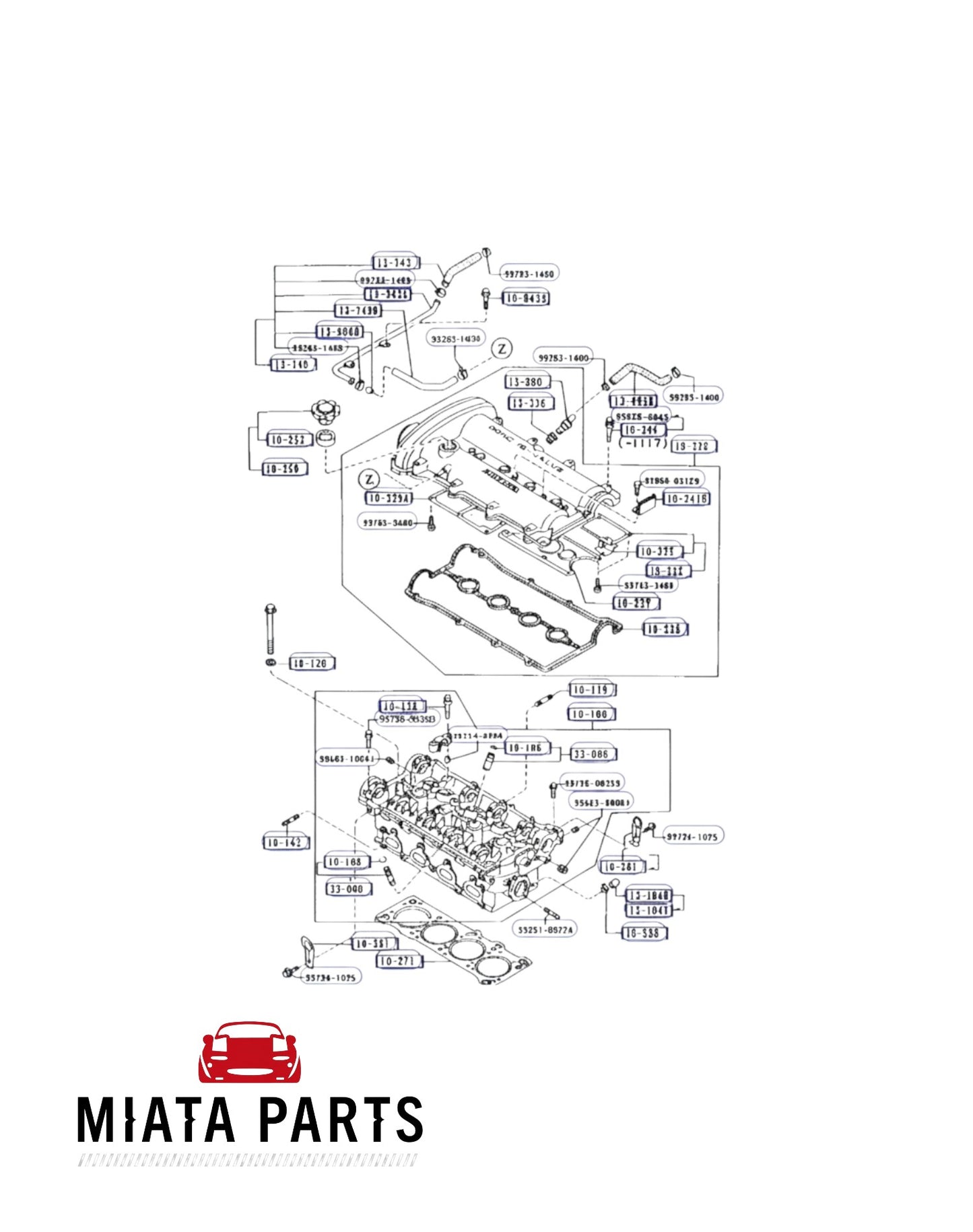 Miata Parts NZ genuine cylinder head bolt diagram for Mazda MX5 NA and NB engines from 1989 to 2005.