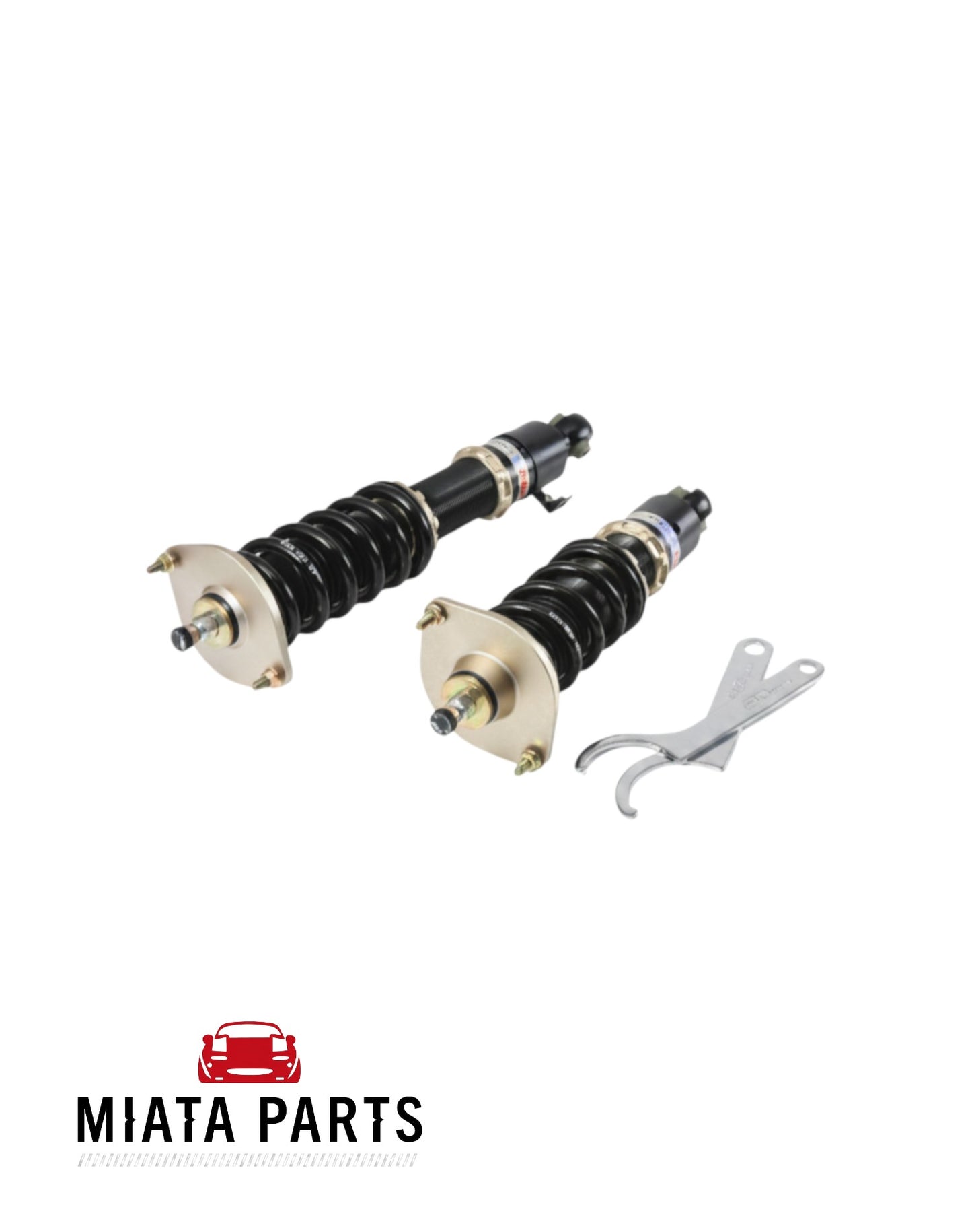 Miata Parts NZ BC Gold coilovers for Mazda MX5 NA and NB with black springs, gold top mounts, and adjustment wrenches.