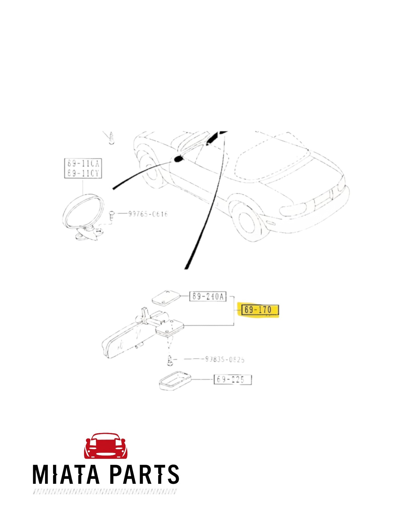 Miata Parts NZ genuine roof-mounted rear view mirror for 1989-1993 Mazda MX5 NA 1.6L.