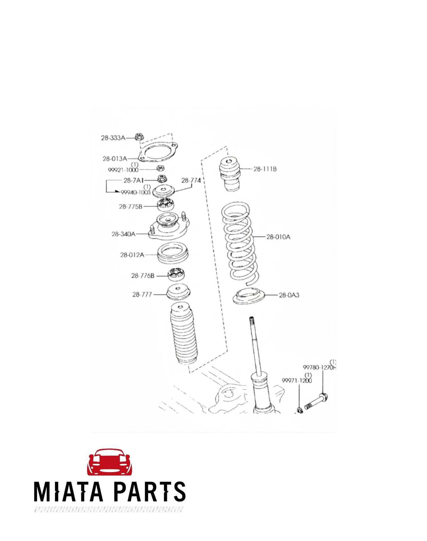 Genuine Mazda MX5 NB front and rear suspension dust boot diagram from Miata Parts NZ for 1998-2005 models.