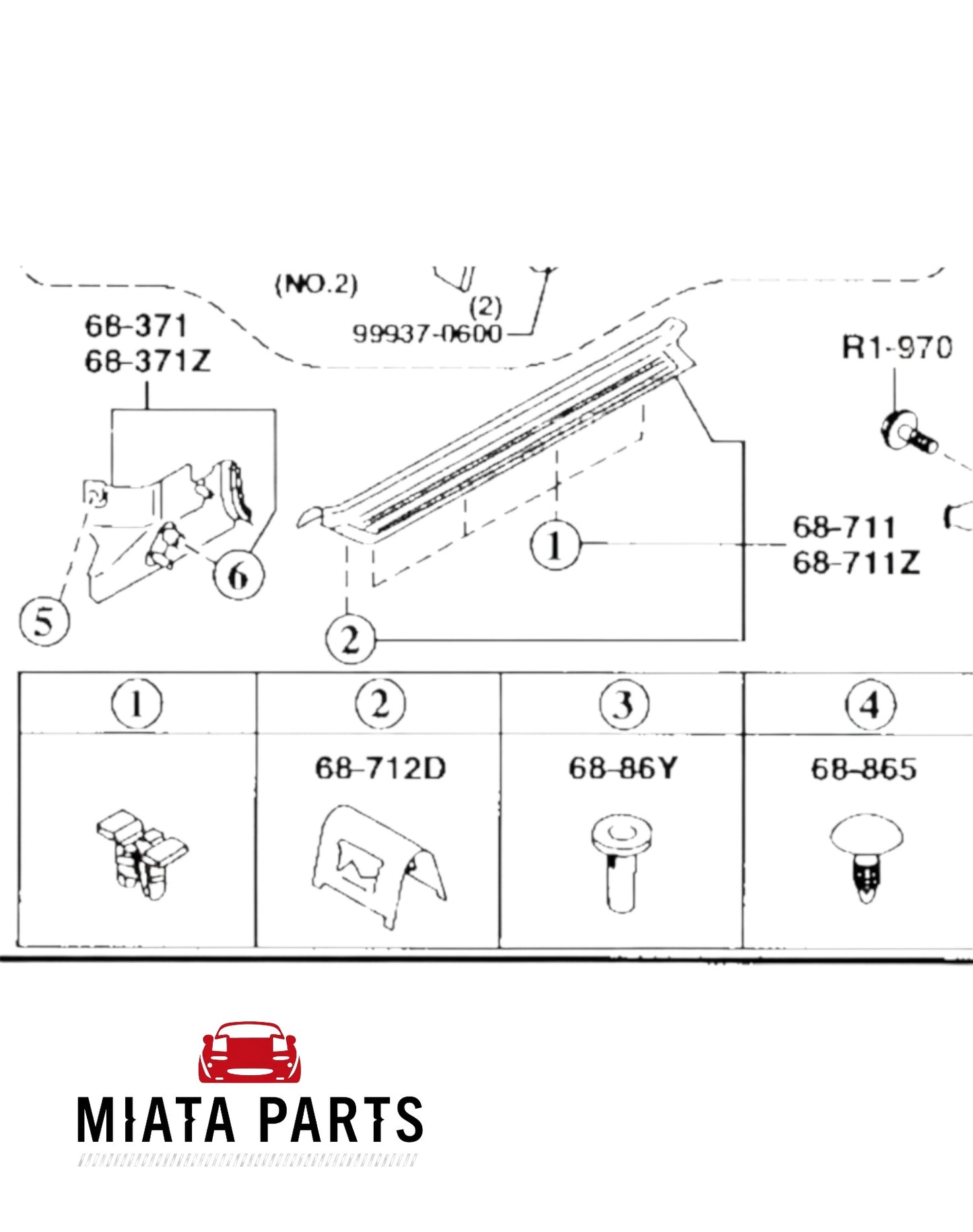 Genuine Mazda MX5 NB sill scuff plate clip #1 from Miata Parts NZ, shown in technical diagram for 1998-2005 models.