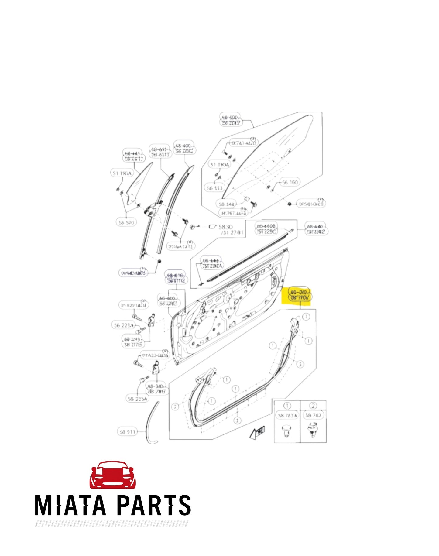 Miata Parts NZ genuine outer door seal diagram for Mazda MX5 NC 2005-2015 showing installation components
