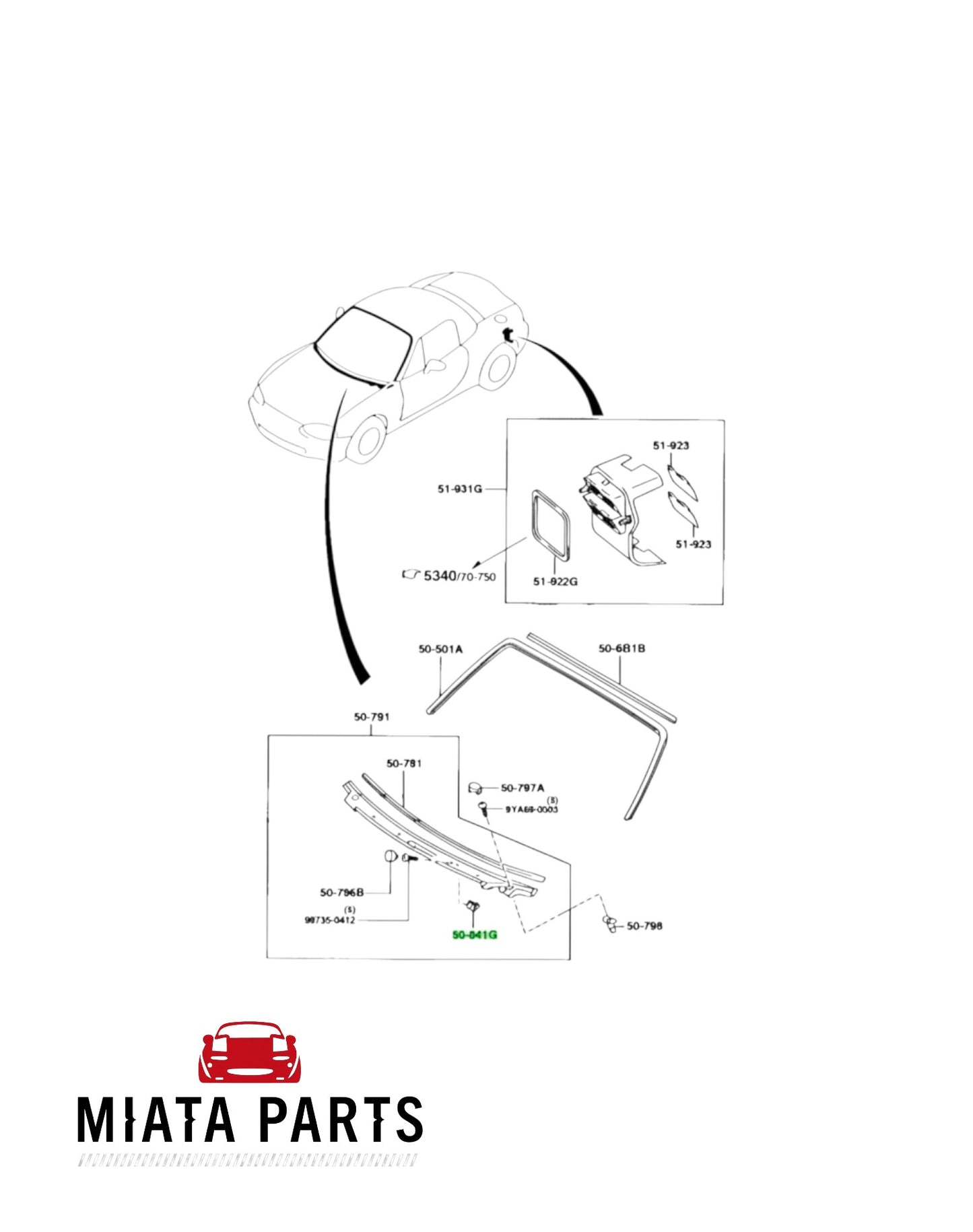 Miata Parts NZ diagram showing MX5 NA wiper cowl screw grommet and related parts for 1989-1997 models.