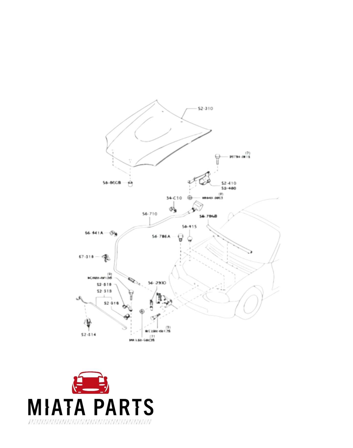 Miata Parts NZ genuine MX5 NA/NB bonnet catch diagram for 1989-2005 models.