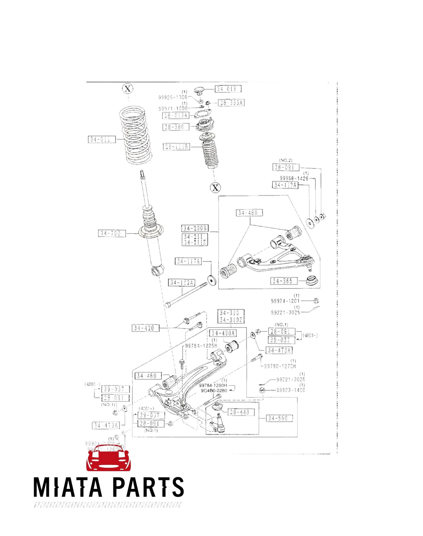 Miata Parts NZ technical diagram showing Mazda MX5 NA NB upper front control arm bushing and suspension components