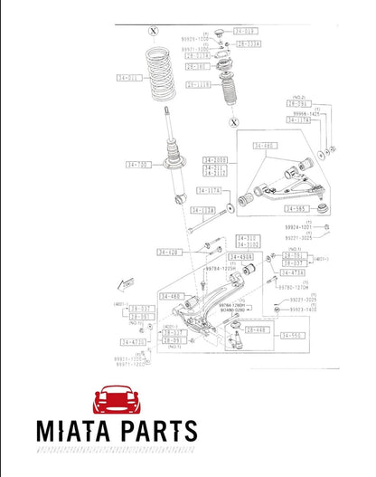 Miata Parts NZ technical diagram showing Mazda MX5 NA NB front suspension assembly and control arm bushing placement