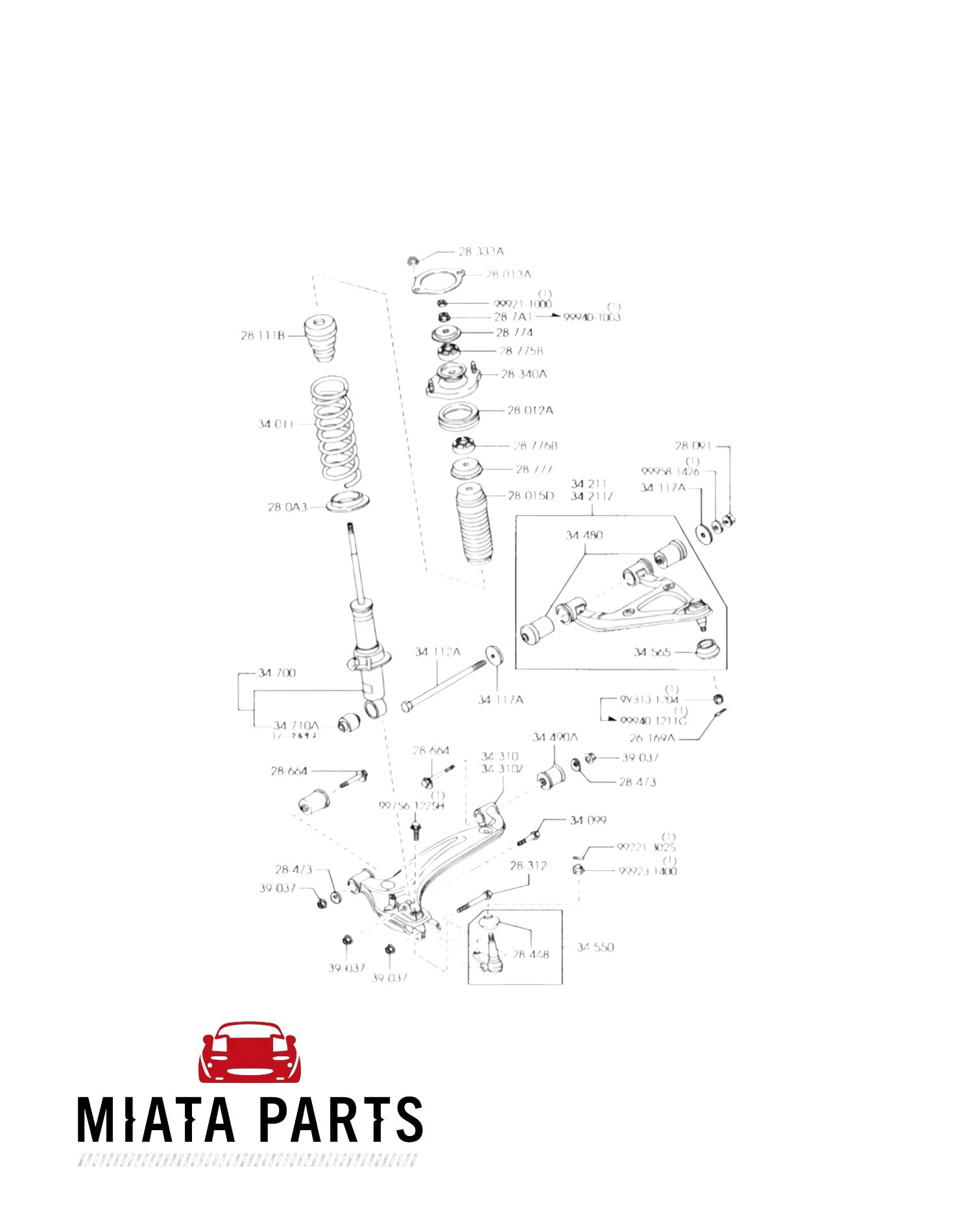 Miata Parts NZ technical diagram showing the lower front-front arm bushing assembly for Mazda MX5 NA and NB models.