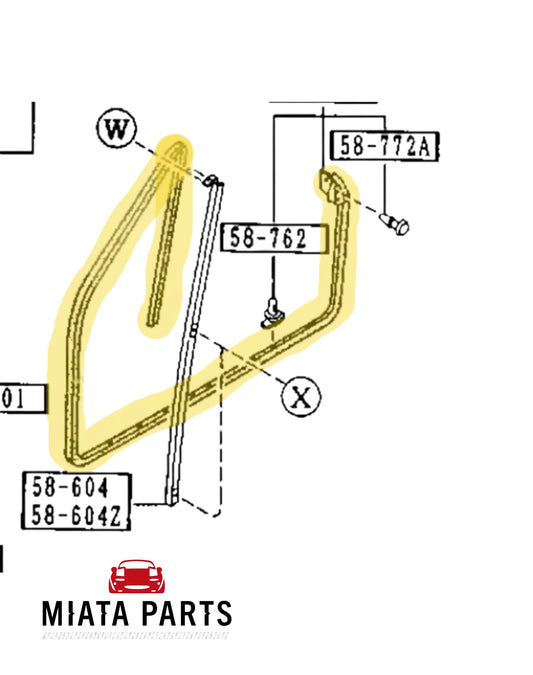 Miata Parts NZ aftermarket whole door seal diagram for Mazda MX5 NA 1989-1997, showing door pillar and latch path.