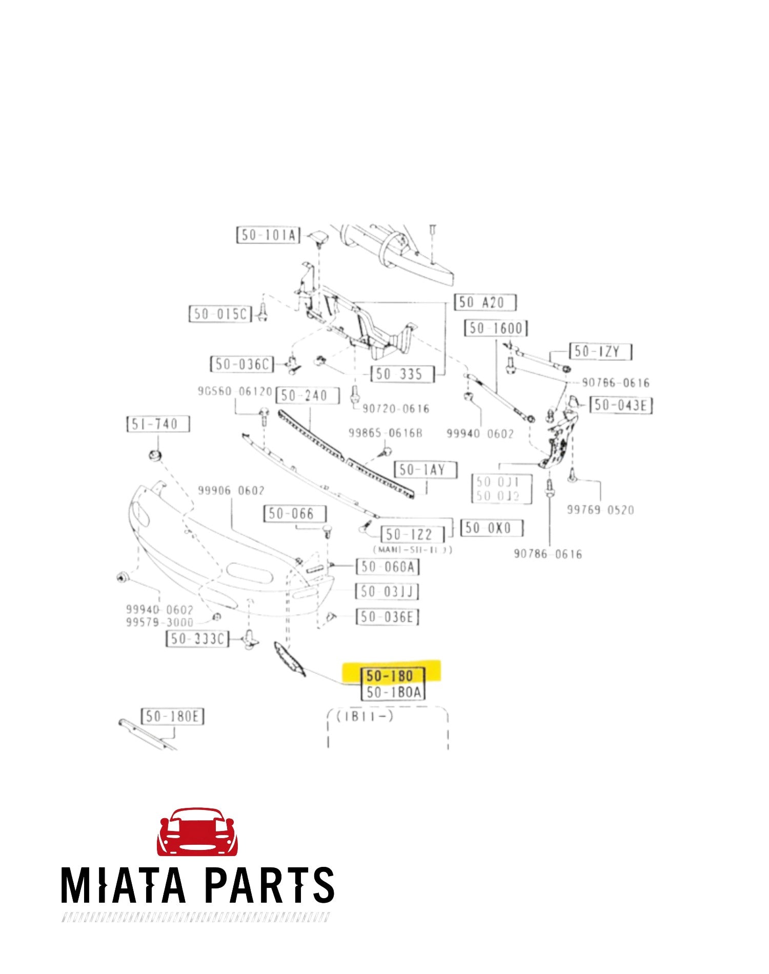 Miata Parts NZ diagram of MX5 NA front bumper mounting bracket and related parts for 1989-1997 models.