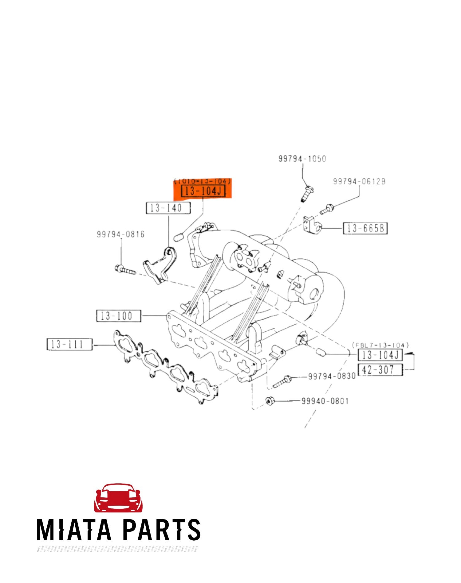 Miata Parts NZ genuine Mazda MX5 NA intake manifold cap blank diagram showing part 13-104J assembly