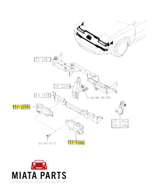 Miata Parts NZ Mazda MX5 NA front radiator support bracket diagram showing part 53-210A for bumper alignment