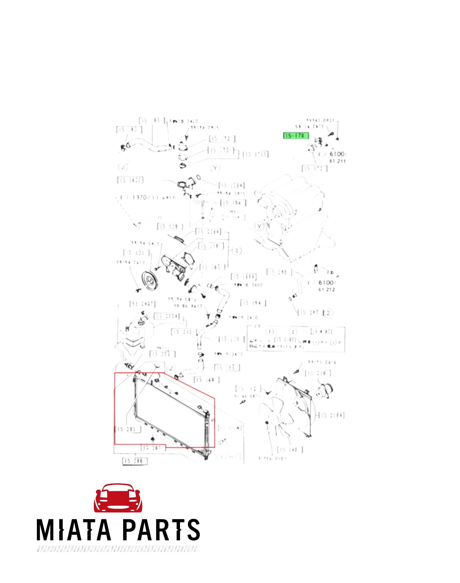 Miata Parts NZ genuine Mazda MX5 NA6 back of head thermostat housing technical diagram for 1.6L engine cooling system