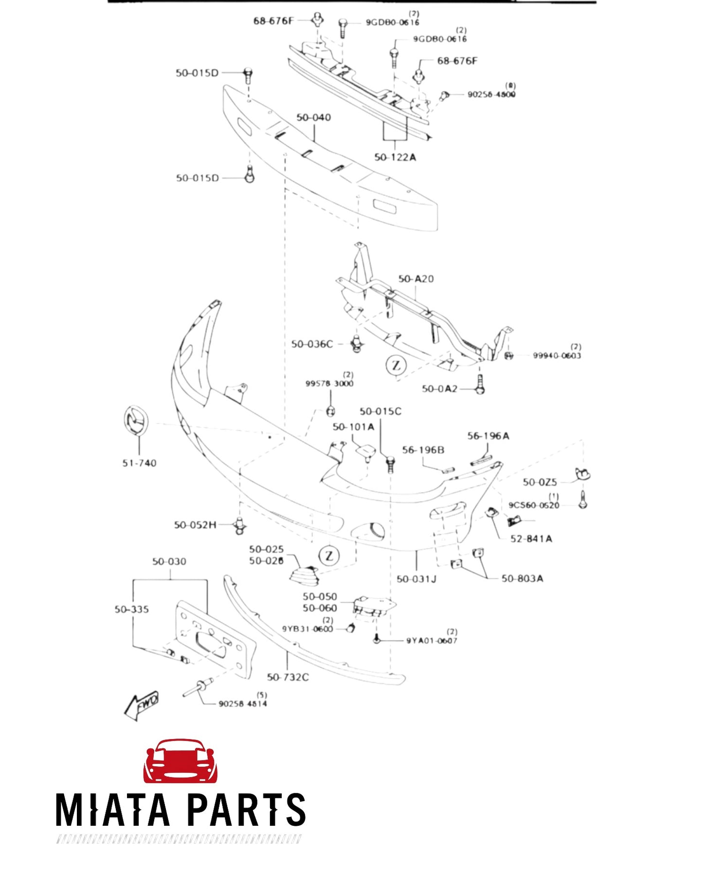 Miata Parts NZ genuine Mazda MX5 NB front bumper assembly diagram showing mounting clips and slide components