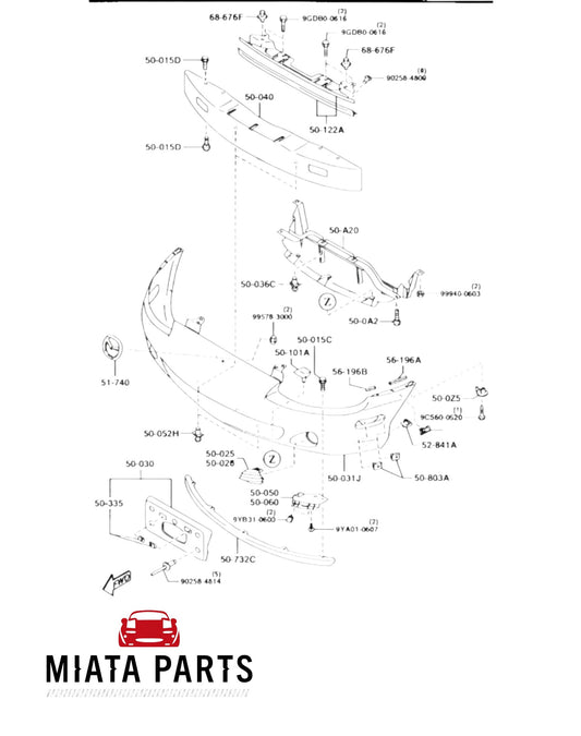 Miata Parts NZ genuine Mazda MX5 NB front bumper assembly diagram showing mounting clips and slide components