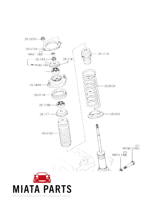 Genuine Mazda MX5 NB front and rear suspension upper damper bush diagram from Miata Parts NZ