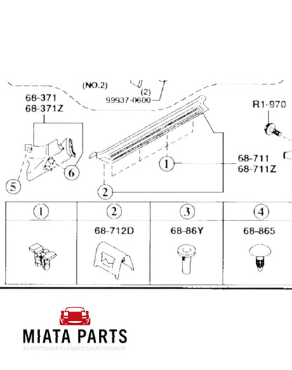 Genuine Mazda MX5 NB sill scuff plate clip #1 from Miata Parts NZ, shown in technical diagram for 1998-2005 models.
