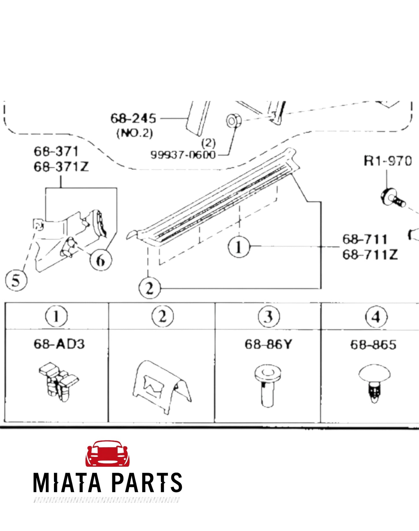 Genuine Mazda MX5 NB sill scuff plate clip #2 from Miata Parts NZ, shown in a technical parts diagram.