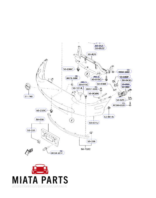Miata Parts NZ genuine front bumper cover diagram for Mazda MX5 NB 1998-2000, excluding foglight cutouts.