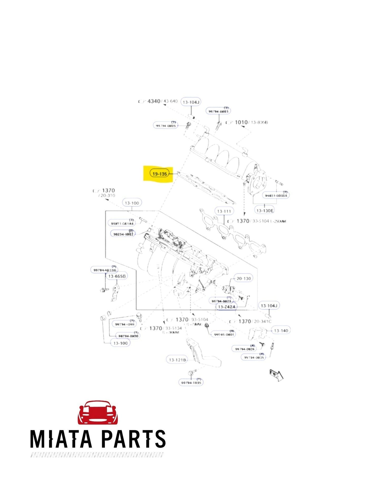 Genuine Mazda MX5 NB8 intake manifold surge gasket diagram from Miata Parts NZ for 1998-2005 1.8L models.