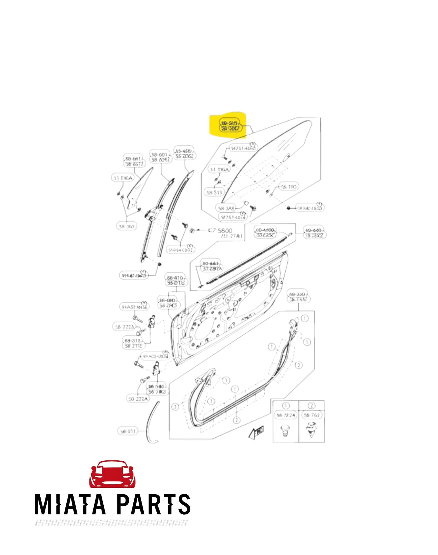 Miata Parts NZ technical diagram showing the main door window glass assembly for a Mazda MX5 NC 2005-2015