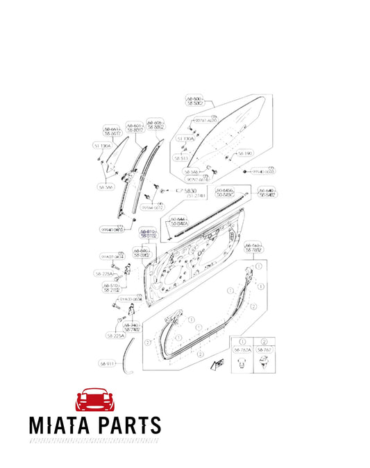 Mazda MX5 NC door seal diagram showing outer seal and related parts for 2005-2015 models.