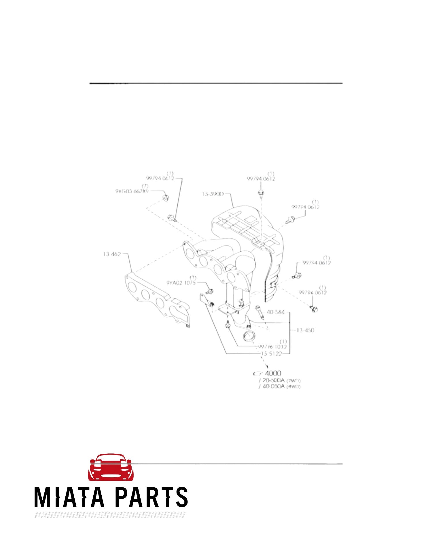 Genuine Mazda MX5 NC exhaust manifold to downpipe diagram from Miata Parts NZ for 1.8L and 2.0L models.
