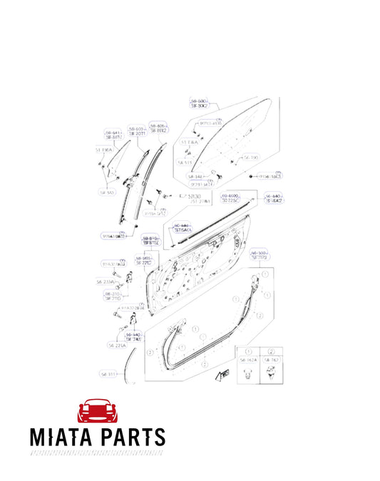 Miata Parts NZ used quarter glass rubber seal diagram for Mazda MX5 NC 2005-2015 door assembly