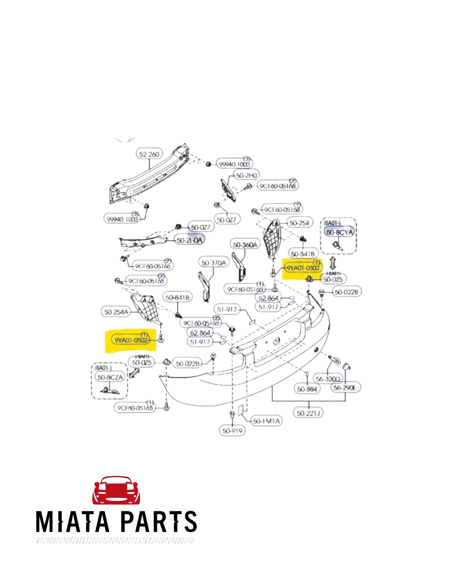 Miata Parts NZ genuine Mazda MX5 NC rear bumper lower outer screw shown in an official technical parts diagram.