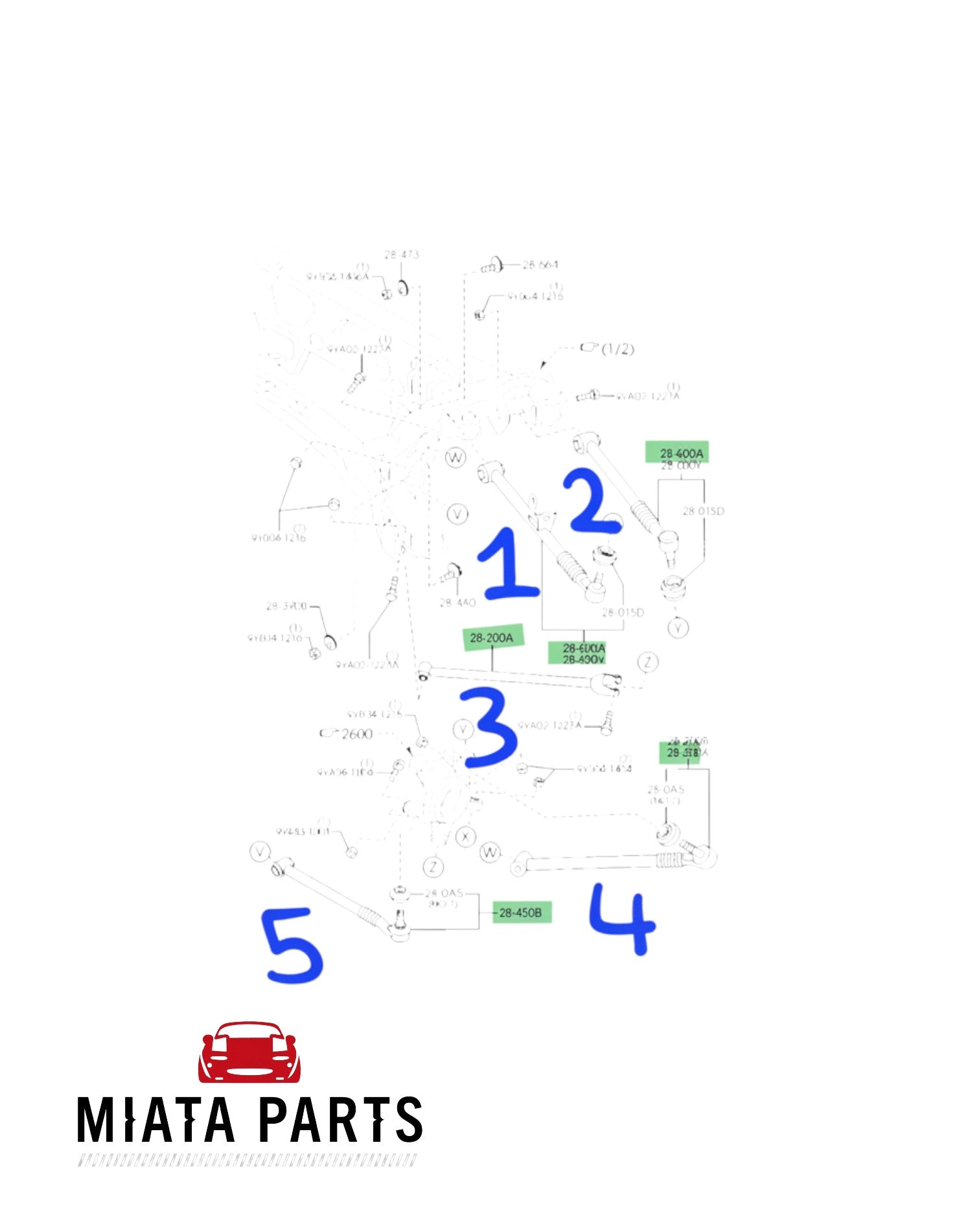 Miata Parts NZ technical diagram showing used rear suspension control arms for Mazda MX5 NC 2005-2015 models.