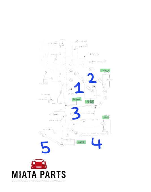 Miata Parts NZ technical diagram showing used rear suspension control arms for Mazda MX5 NC 2005-2015 models.