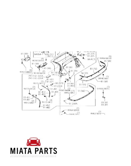 Miata Parts NZ technical diagram showing Mazda MX5 NC soft top seal number 2 and related convertible roof components