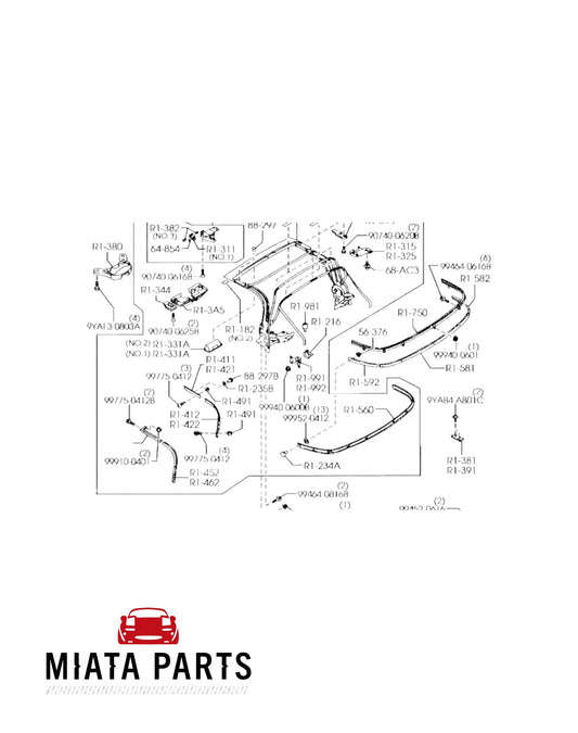 Miata Parts NZ genuine Mazda MX5 NC soft top seal number 1 technical diagram showing assembly components