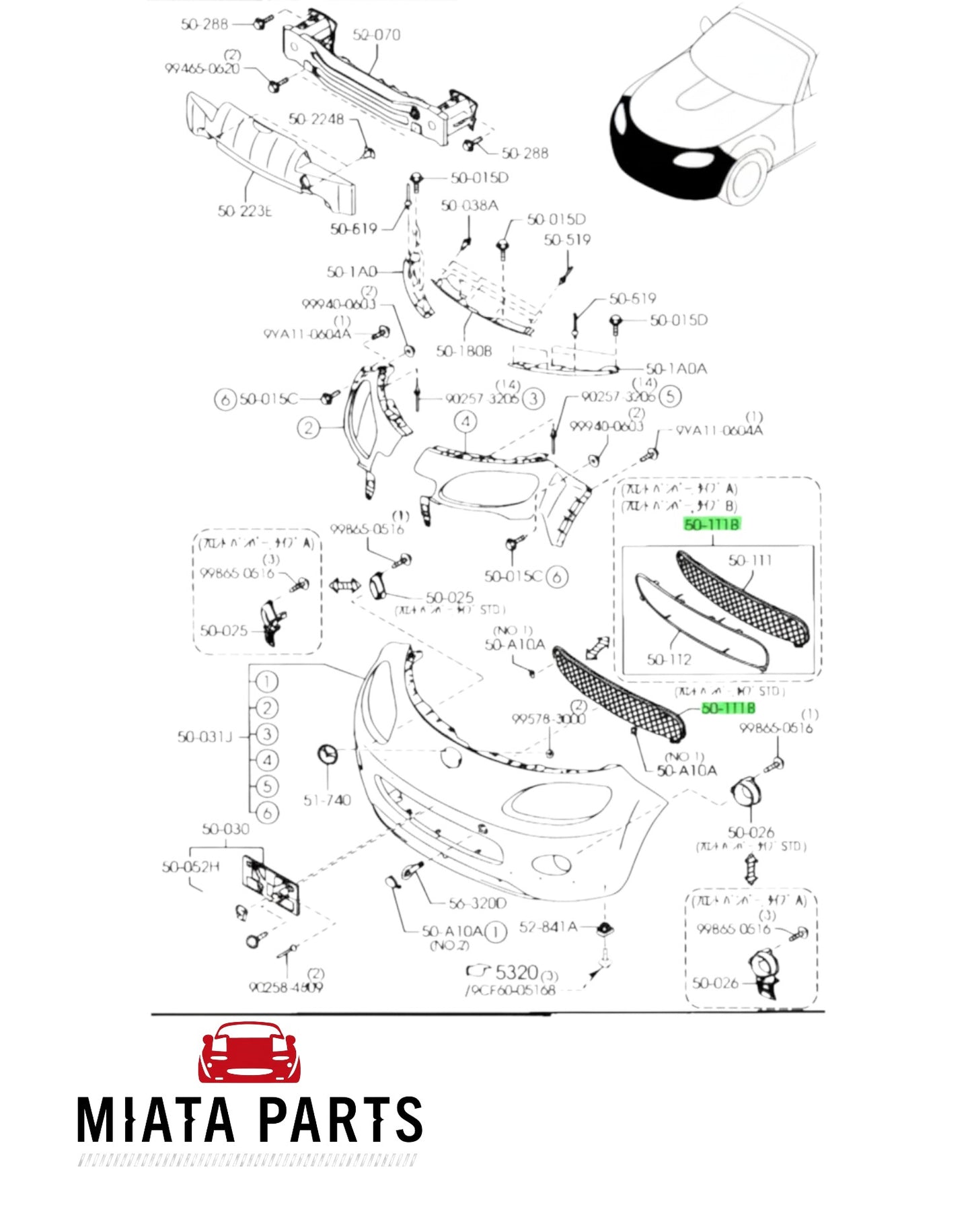 Miata Parts NZ genuine Mazda MX5 NC1 front bumper grille mesh technical diagram for 2005-2008 models