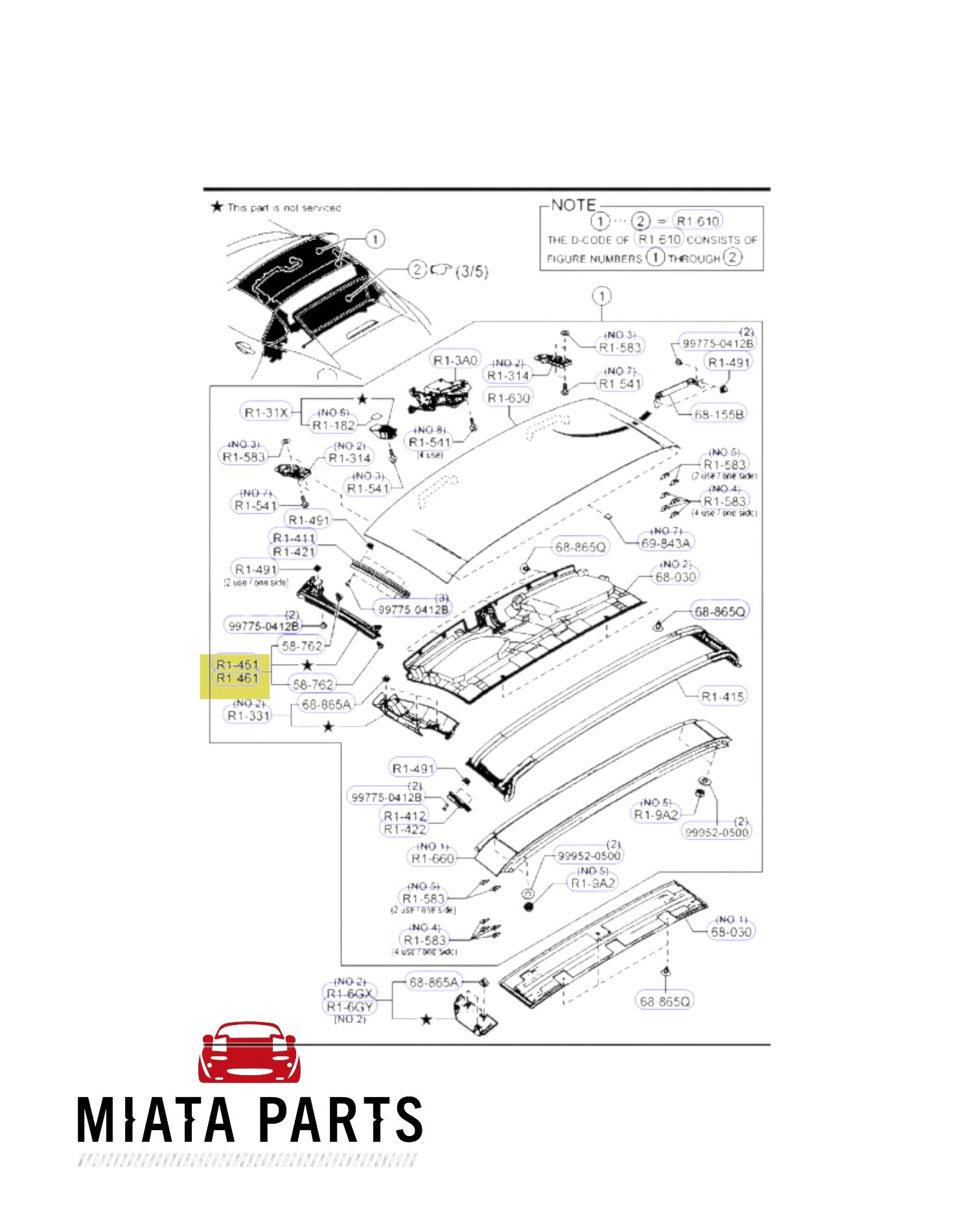 Miata Parts NZ genuine Mazda MX5 ND retractable hardtop window seal assembly diagram with numbered component parts