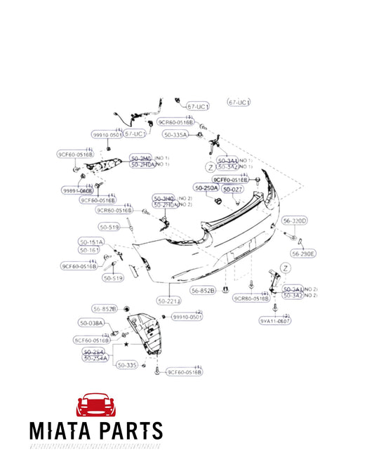 Miata Parts NZ genuine Mazda MX5 ND rear bumper side clip-on insert diagram for 2015-current models