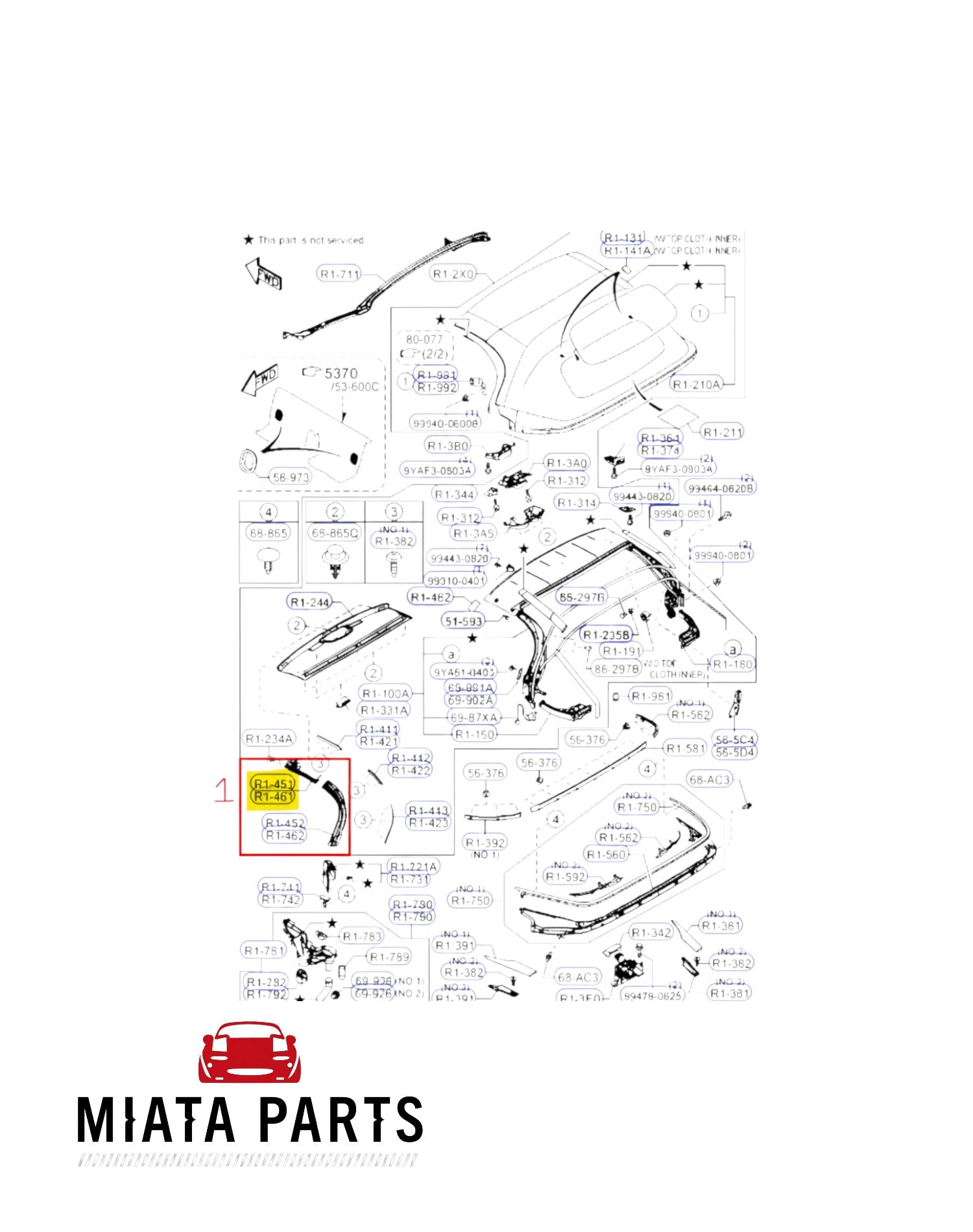 Miata Parts NZ genuine Mazda MX5 ND soft top window seal diagram showing part locations for 2016-current models