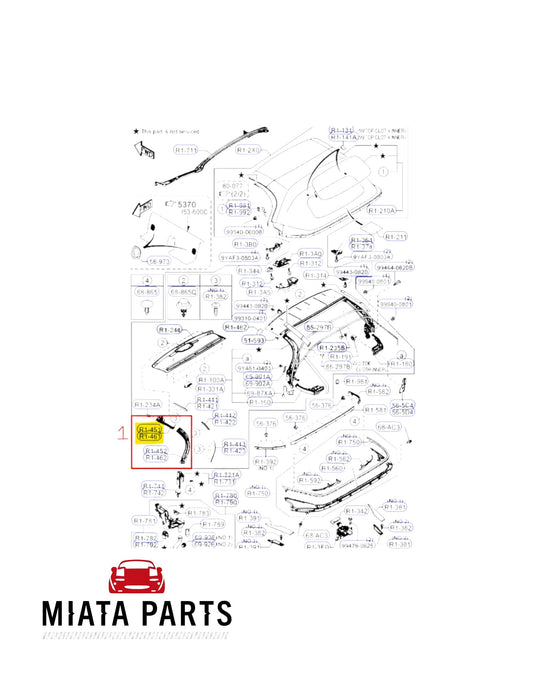 Miata Parts NZ genuine Mazda MX5 ND soft top window seal diagram showing part locations for 2016-current models