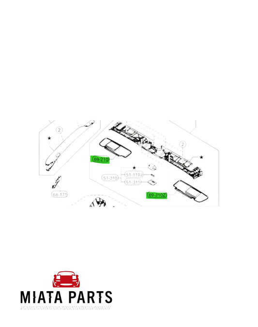 Miata Parts NZ genuine Mazda MX5 ND sunvisor assembly diagram. Shows part 69-210 and 69-210Z.