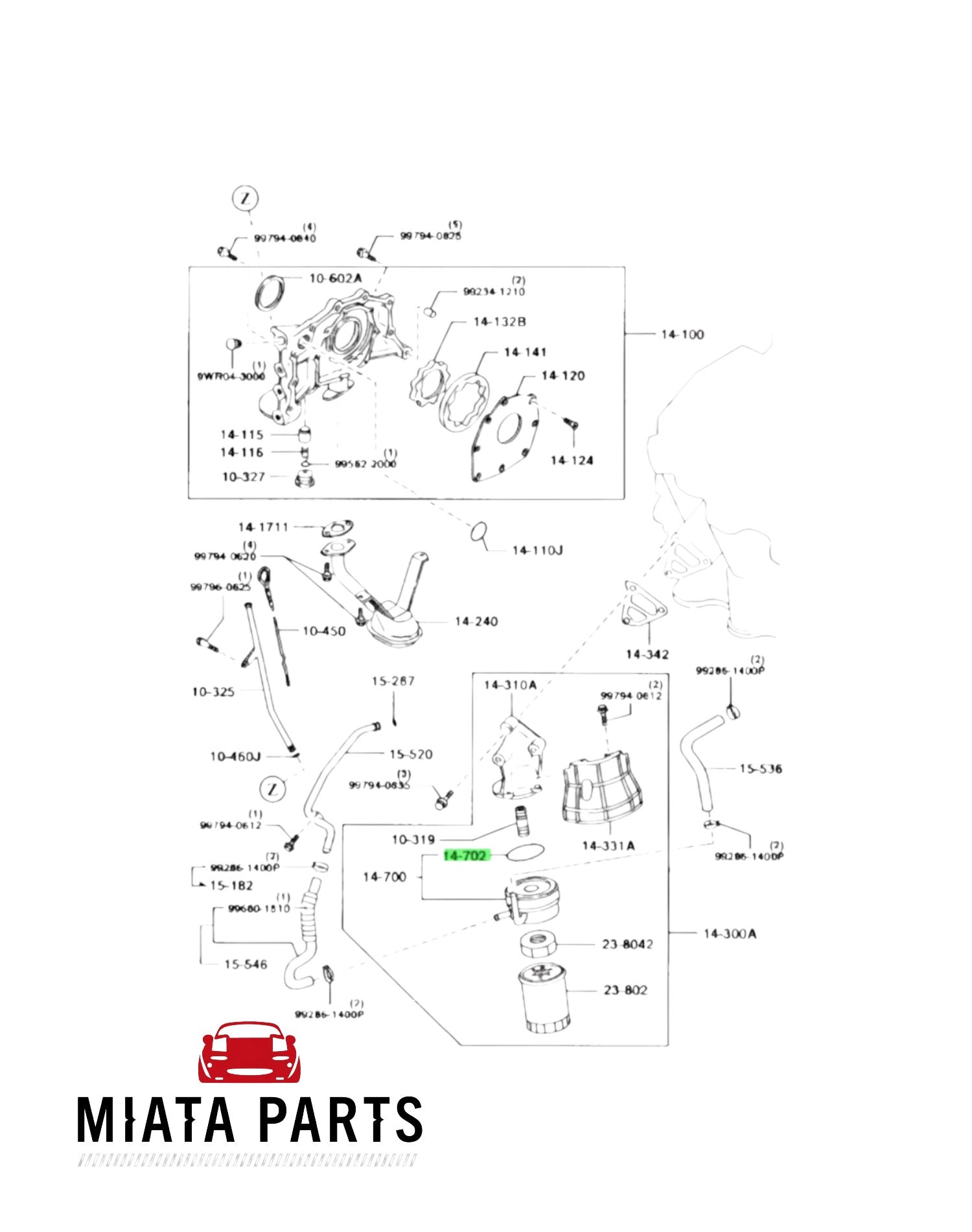 Genuine Mazda oil cooler seal O-ring for MX5 NA/NB 1.8L engines, highlighted in a Miata Parts NZ technical diagram.