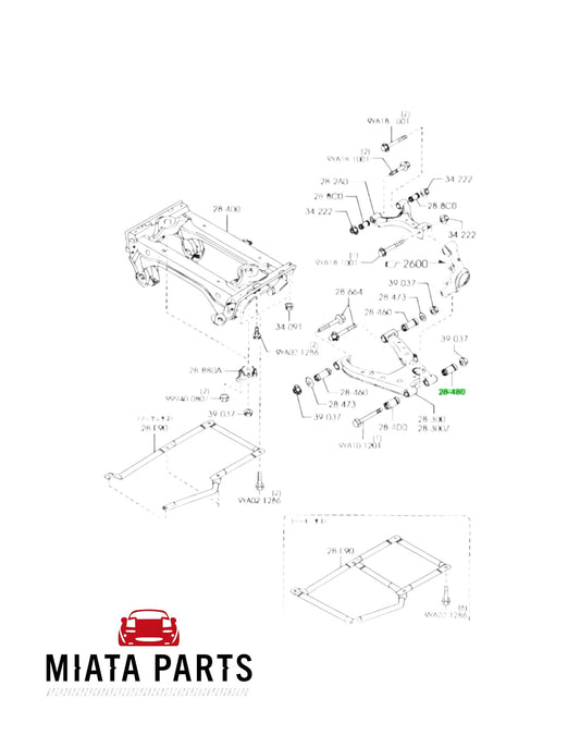 Miata Parts NZ aftermarket 70A lower rear-outer-rear arm bushing for Mazda MX5 NA/NB highlighted on technical diagram