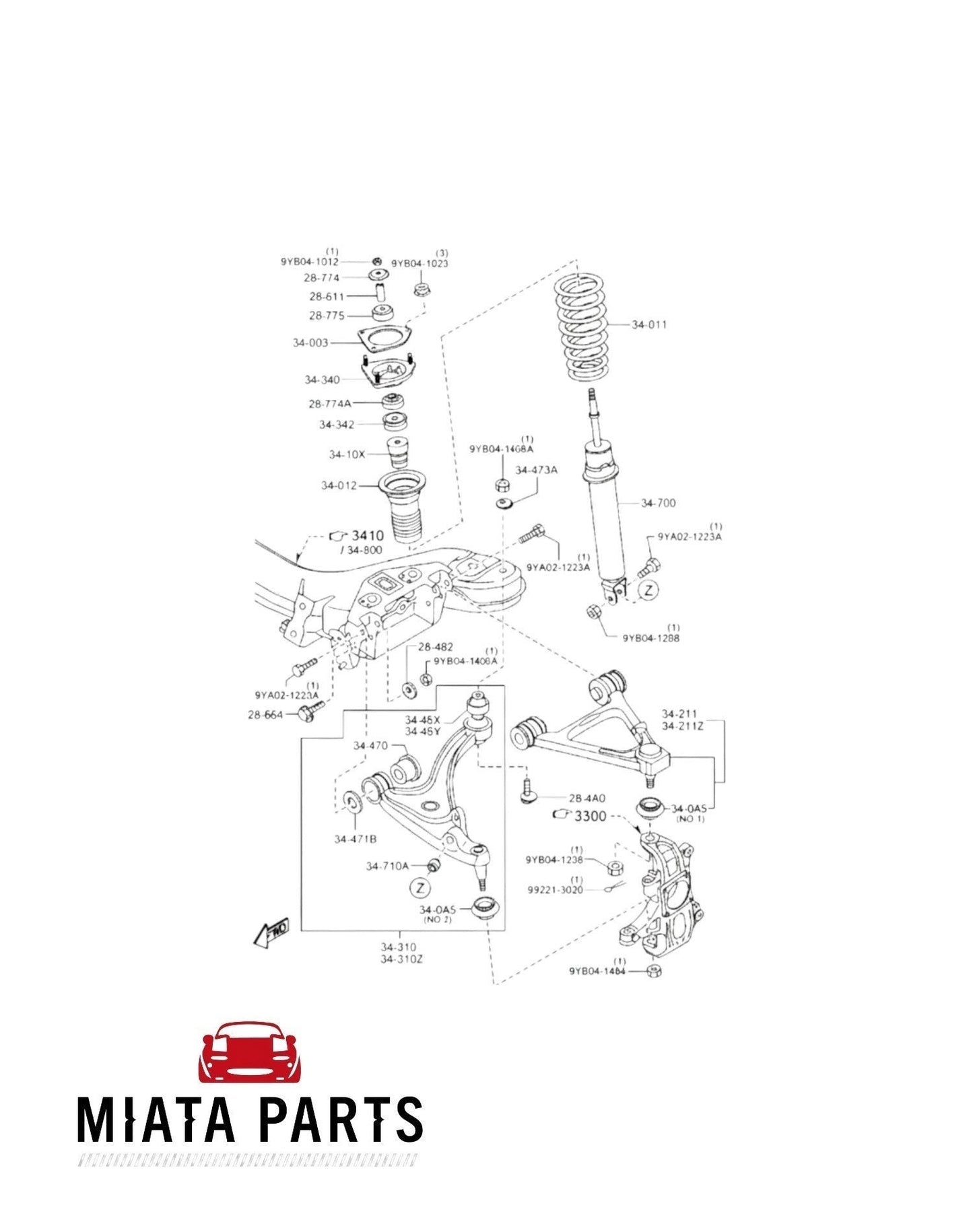 Miata Parts NZ diagram of Mazda MX5 NC front lower control arm rear suspension bush components.