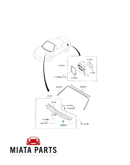 Miata Parts NZ diagram showing MX5 NA wiper cowl screw grommet and related parts for 1989-1997 models.